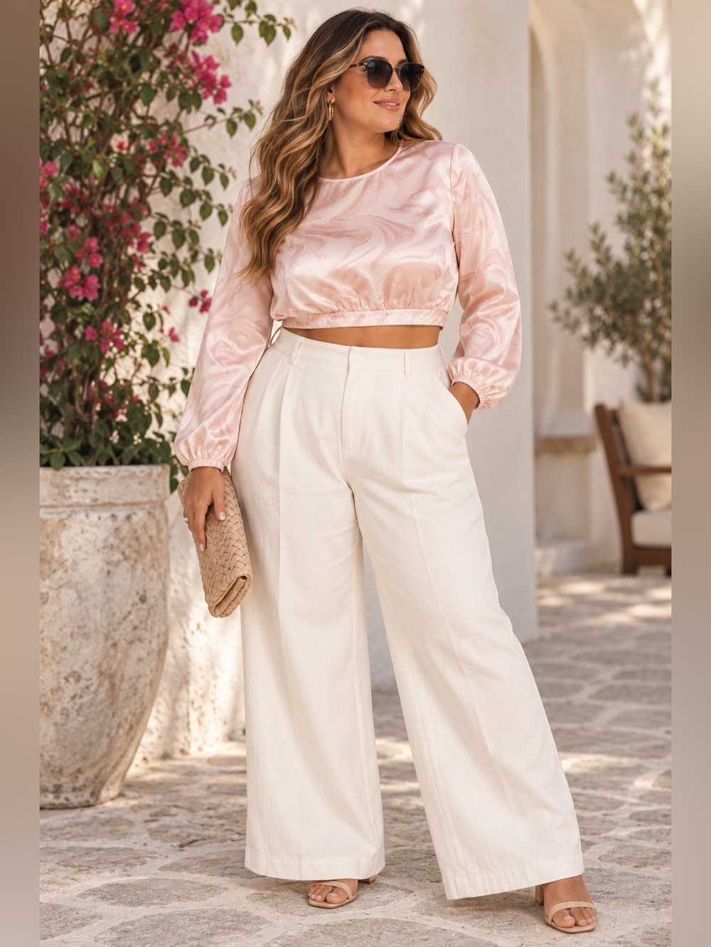 Hutch Anthropologie Marble Satin Tie Back Crop Blouse Pink 1X NWT